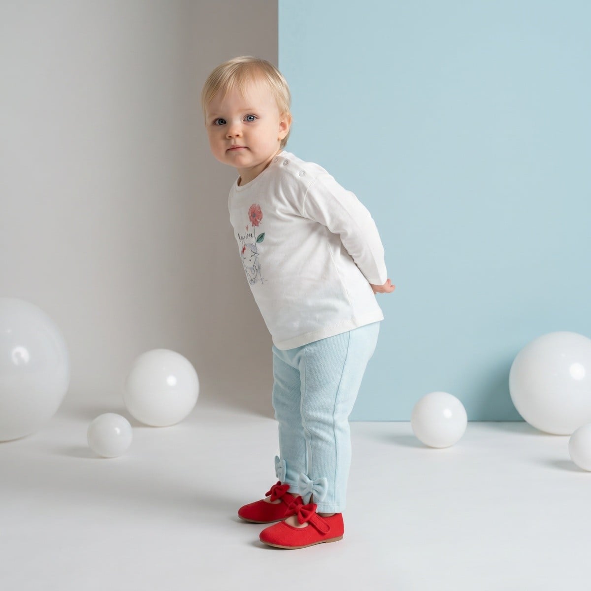 Baby Girls Light Blue Cotton Blend Bow Detail Flared Knit Bottom Regular Fit Casual Wear