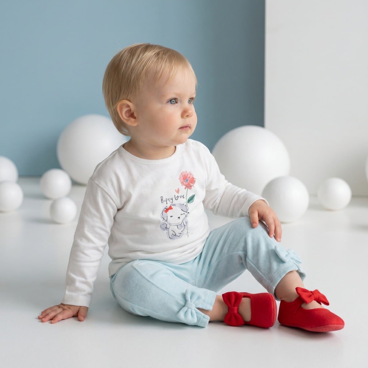 Baby Girls Light Blue Cotton Blend Bow Detail Flared Knit Bottom Regular Fit Casual Wear