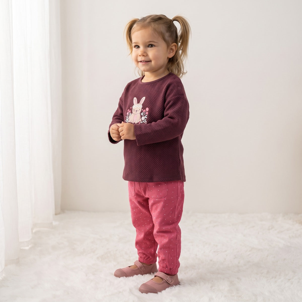 Baby Girls Pink Cotton Blend Polka Dot Jogger Pants Regular Fit Casual Wear