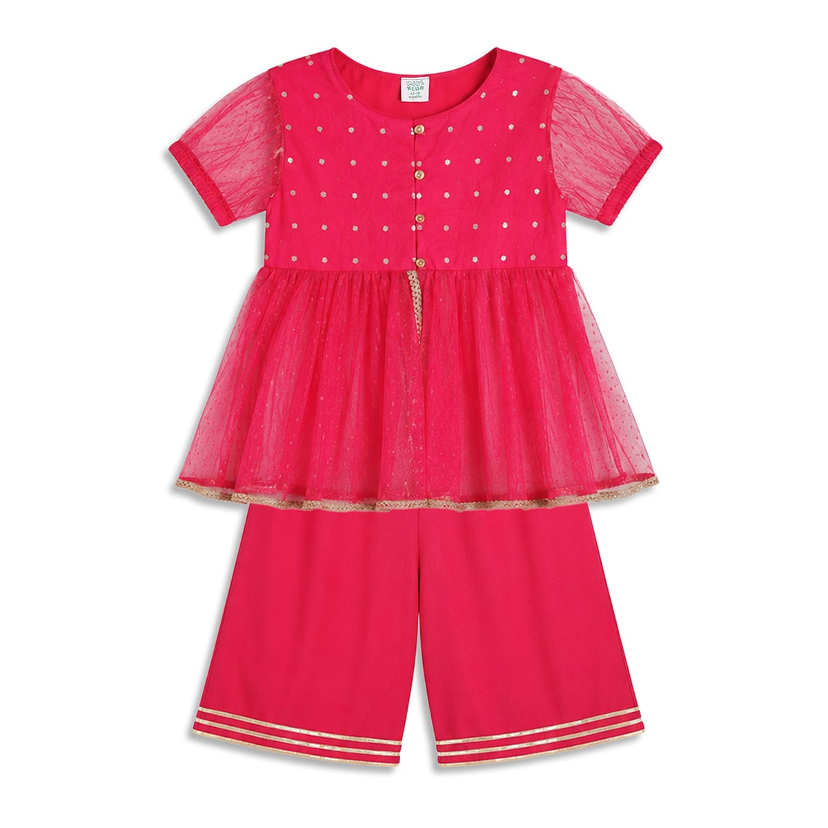 Baby Girls Pink Woven Kurti Palazzo and Dupatta Set Regular Fit Festive Kids Ethnic Wear
