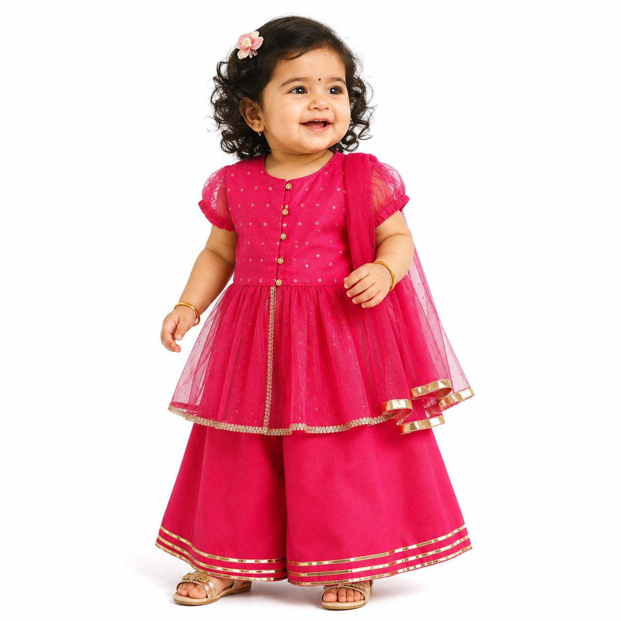 Baby Girls Pink Woven Kurti Palazzo and Dupatta Set Regular Fit Festive Kids Ethnic Wear
