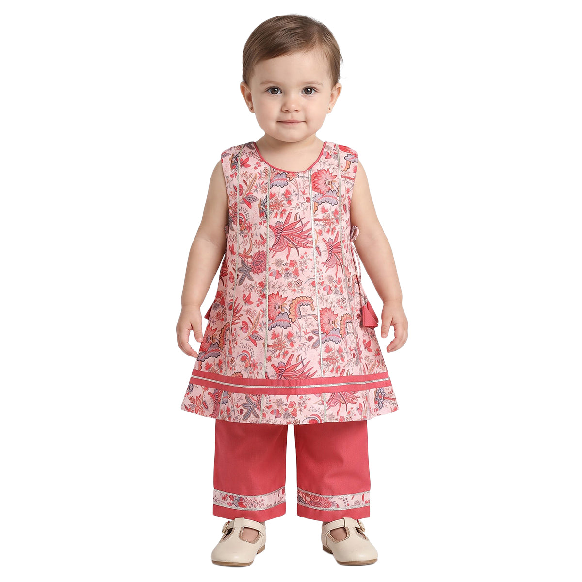 Baby Girls Pink Cotton Blend Floral Kurta Set Regular Fit Festive Wear