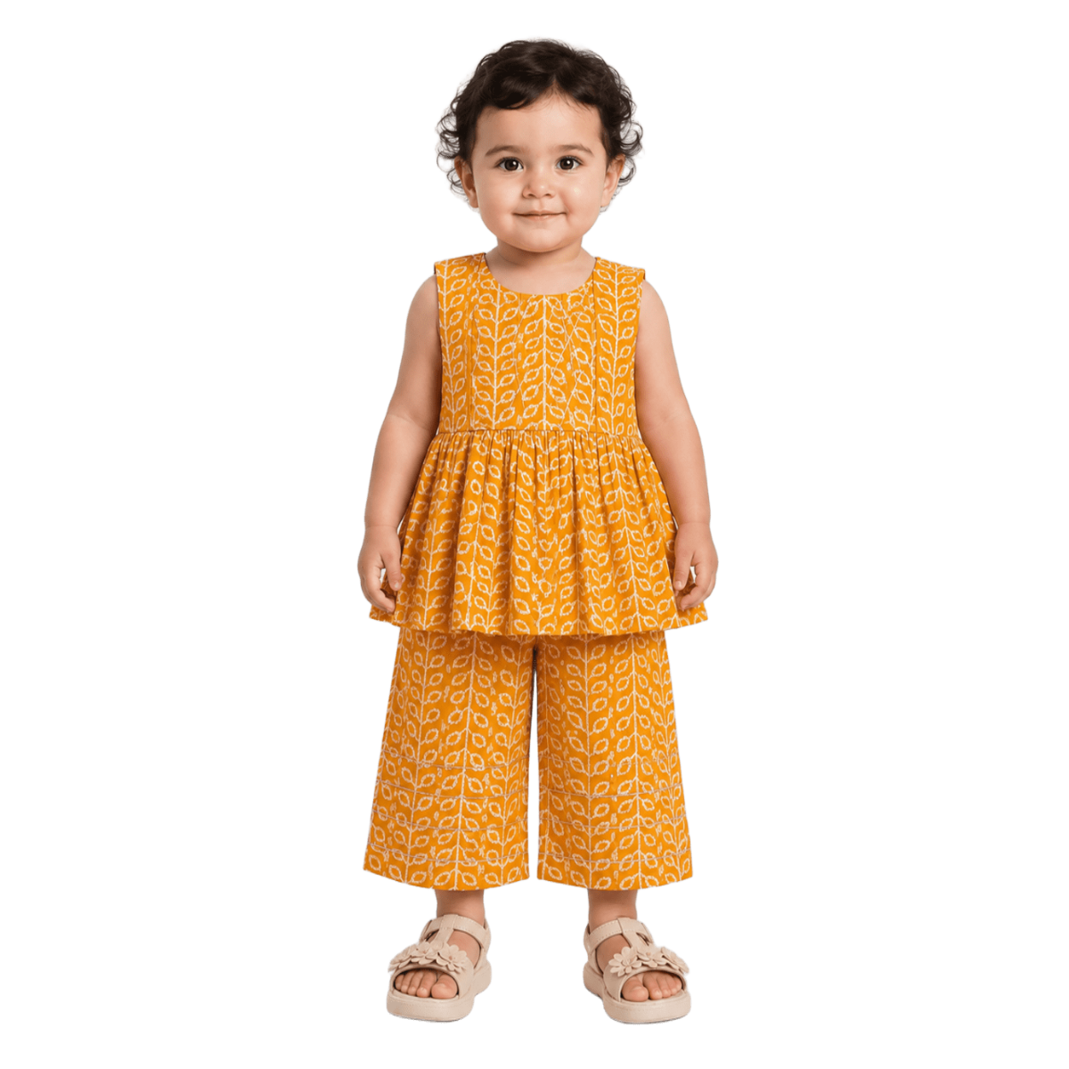 Baby Girls Mustard Yellow Cotton Kurti and Palazzo Set Regular Fit Festive Ethnic Wear