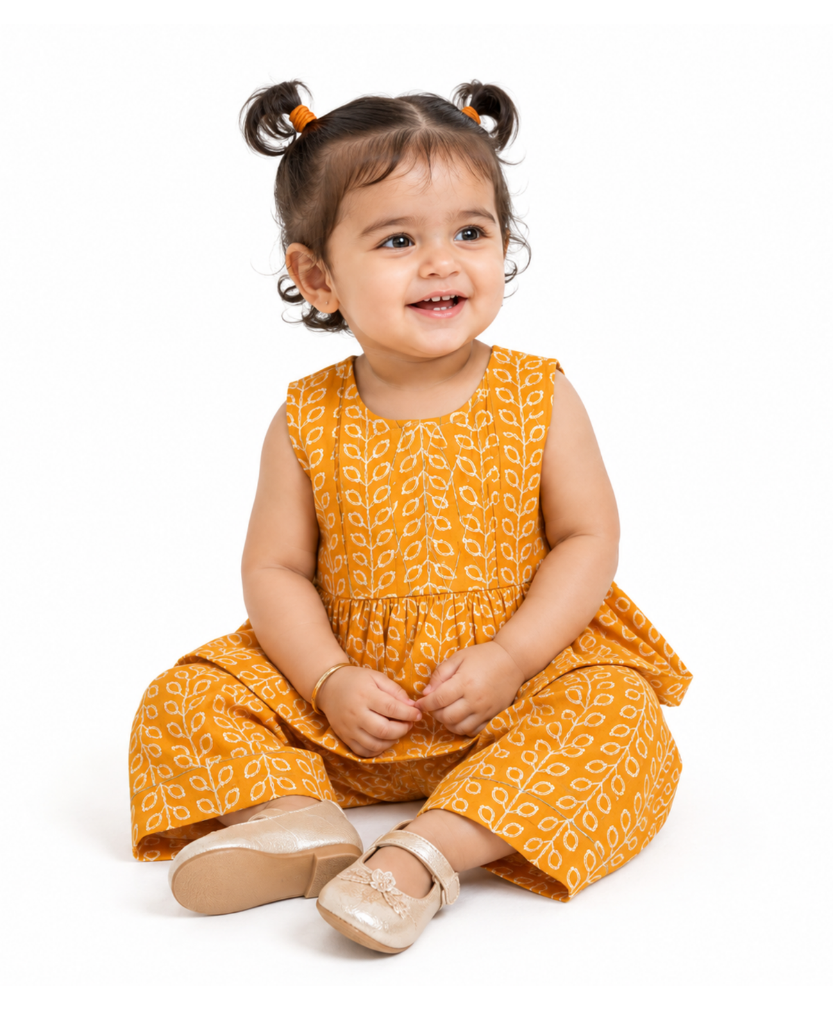 Baby Girls Mustard Yellow Cotton Kurti and Palazzo Set Regular Fit Festive Ethnic Wear