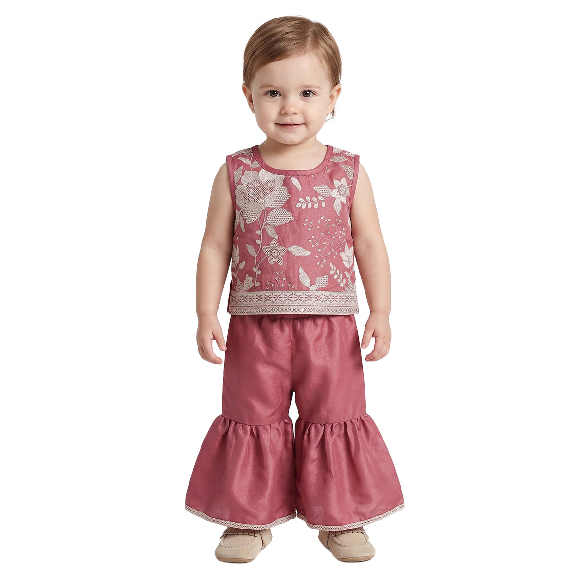 Baby Girls Burgundy Cotton Blend Floral Top Sharara Set Regular Fit