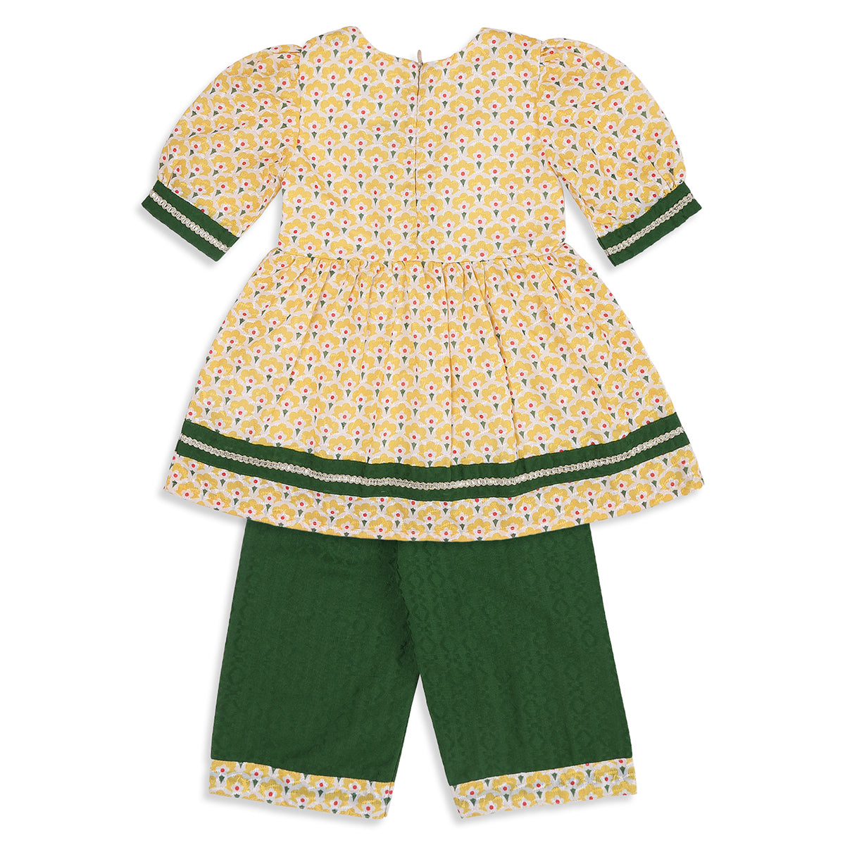 Baby Girls Yellow and Green Cotton Floral Kurta Set Regular Fit Festive Wear
