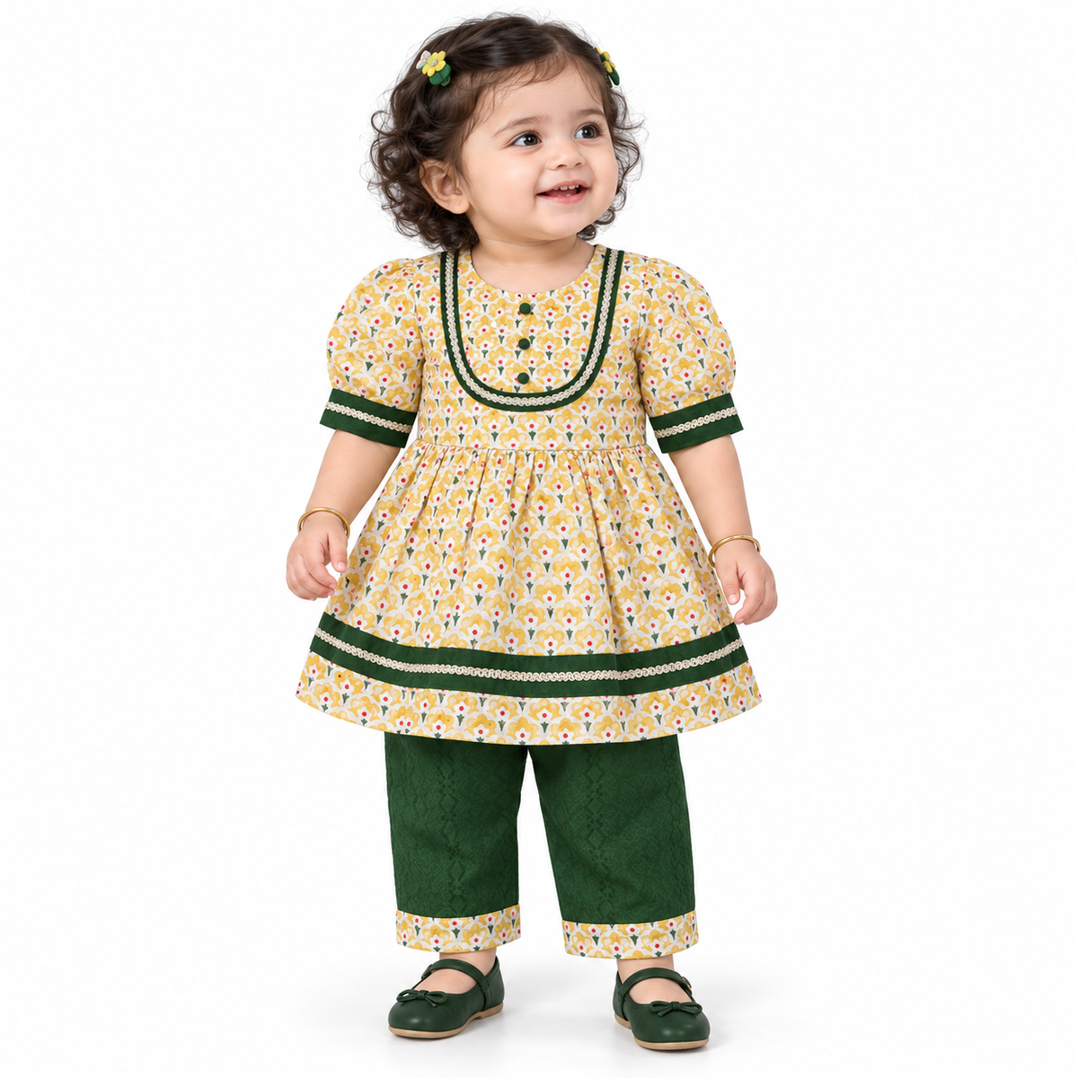 Baby Girls Yellow and Green Cotton Floral Kurta Set Regular Fit Festive Wear