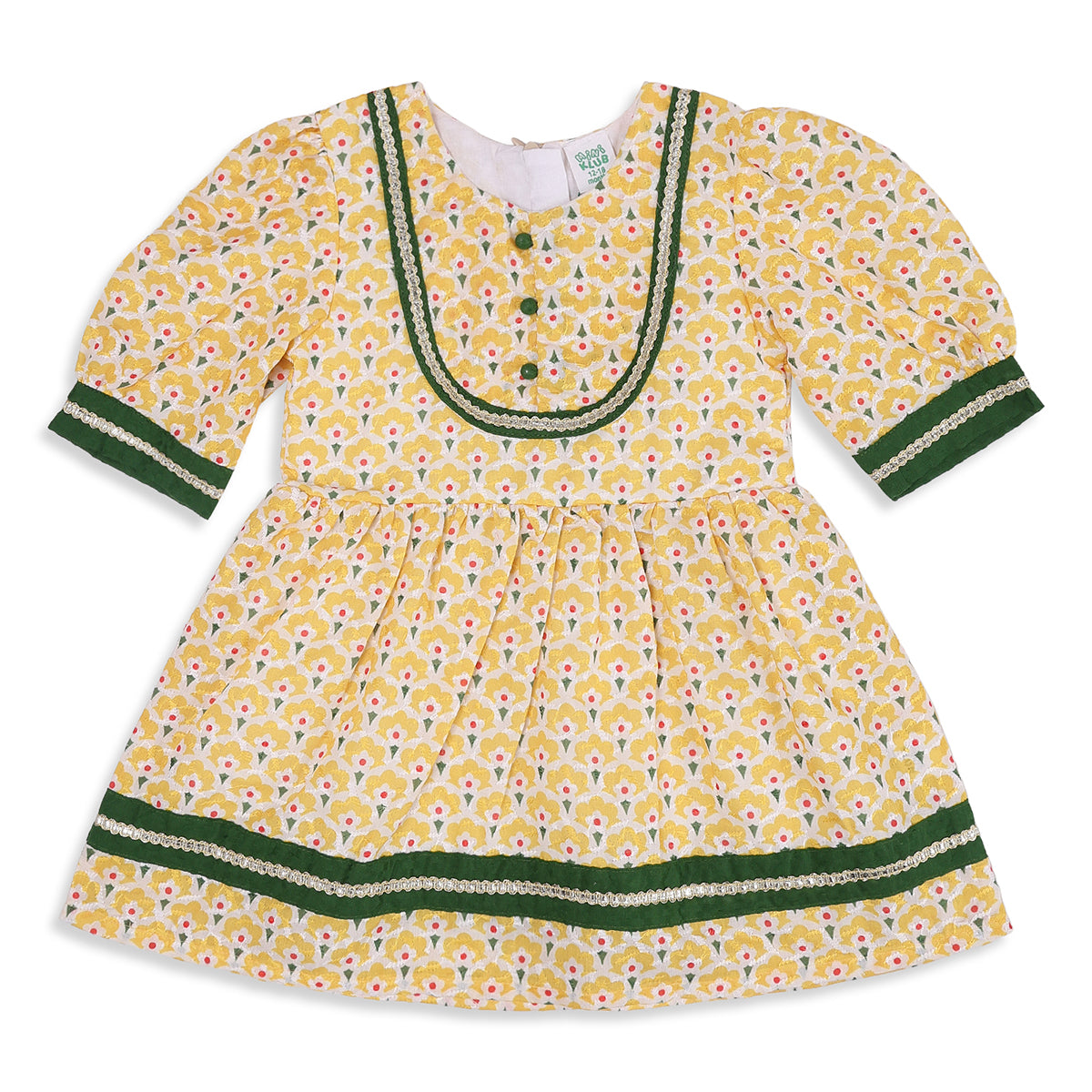 Baby Girls Yellow and Green Cotton Floral Kurta Set Regular Fit Festive Wear