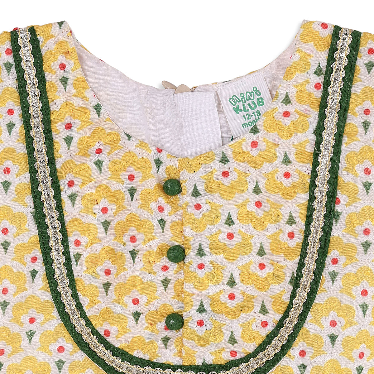 Baby Girls Yellow and Green Cotton Floral Kurta Set Regular Fit Festive Wear