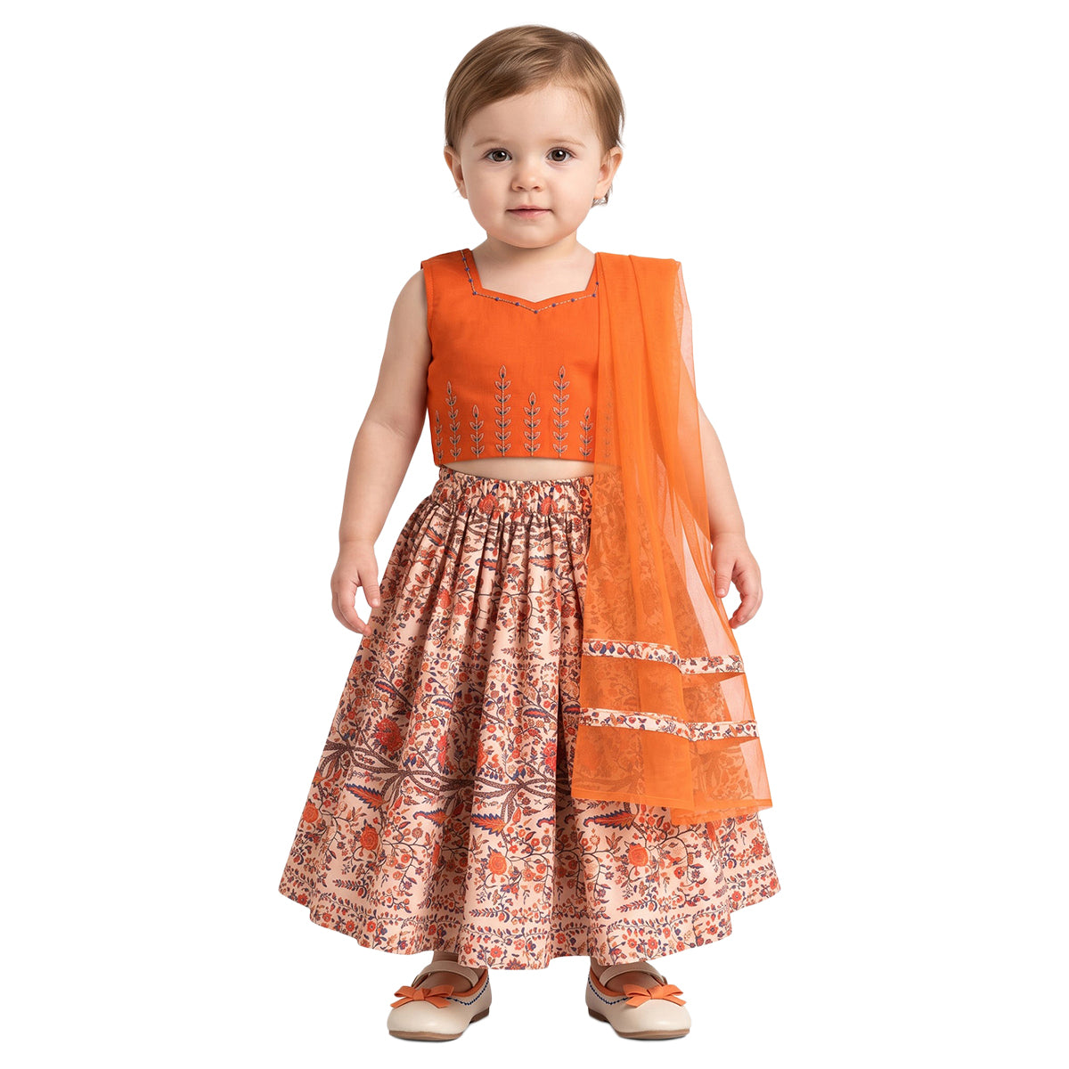 Baby Girls Orange Cotton Blend Lehenga Choli Set Regular Fit Festive