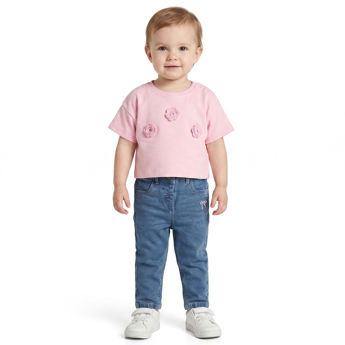 Baby Girls Pink Cotton Crop T-Shirt Regular Fit Casual Top