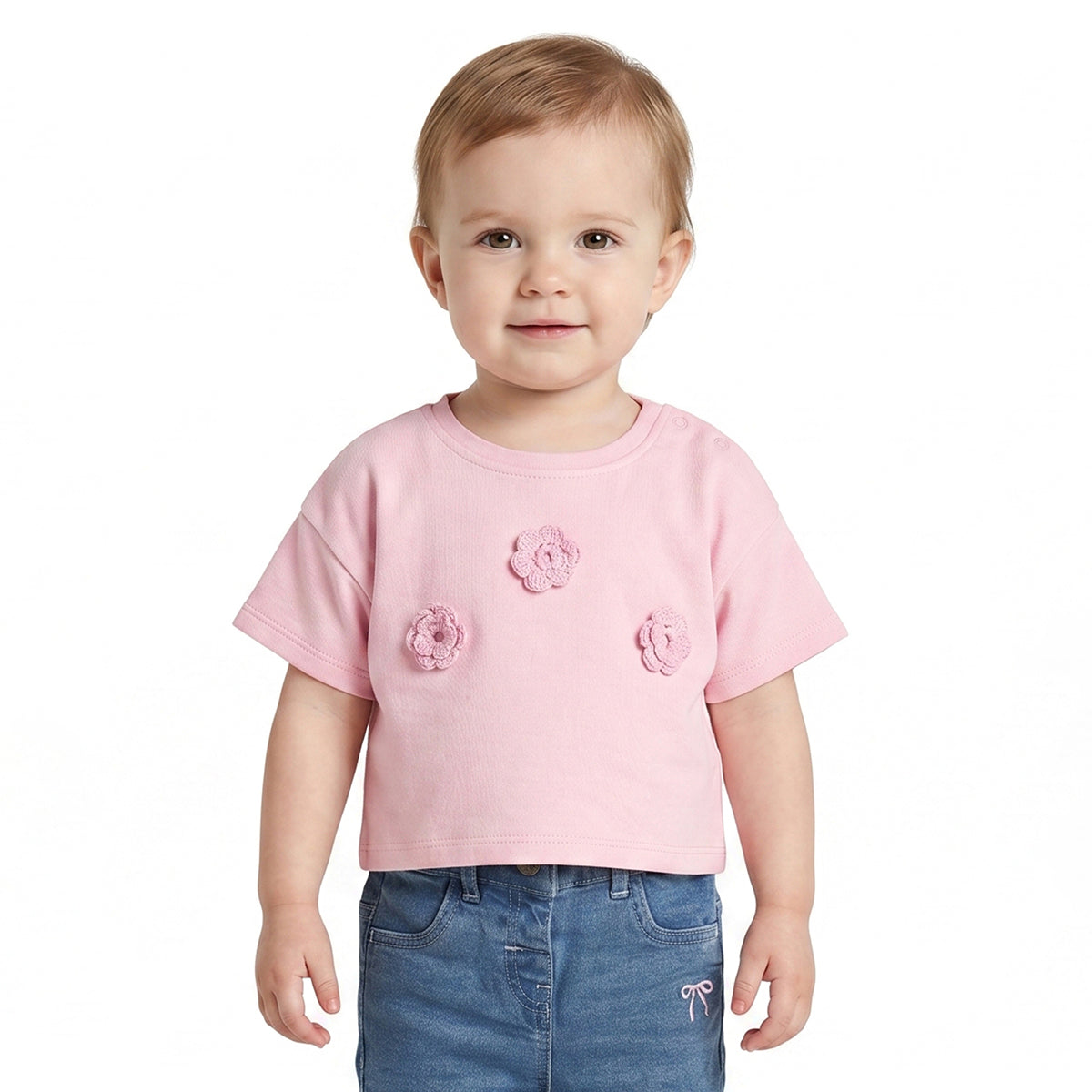 Baby Girls Pink Cotton Crop T-Shirt Regular Fit Casual Top