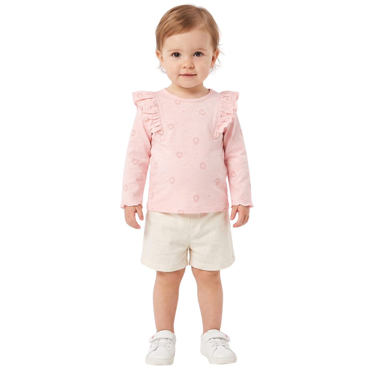 Baby Girls Pink Cotton Abstract Printed Ruffle Top Regular Fit