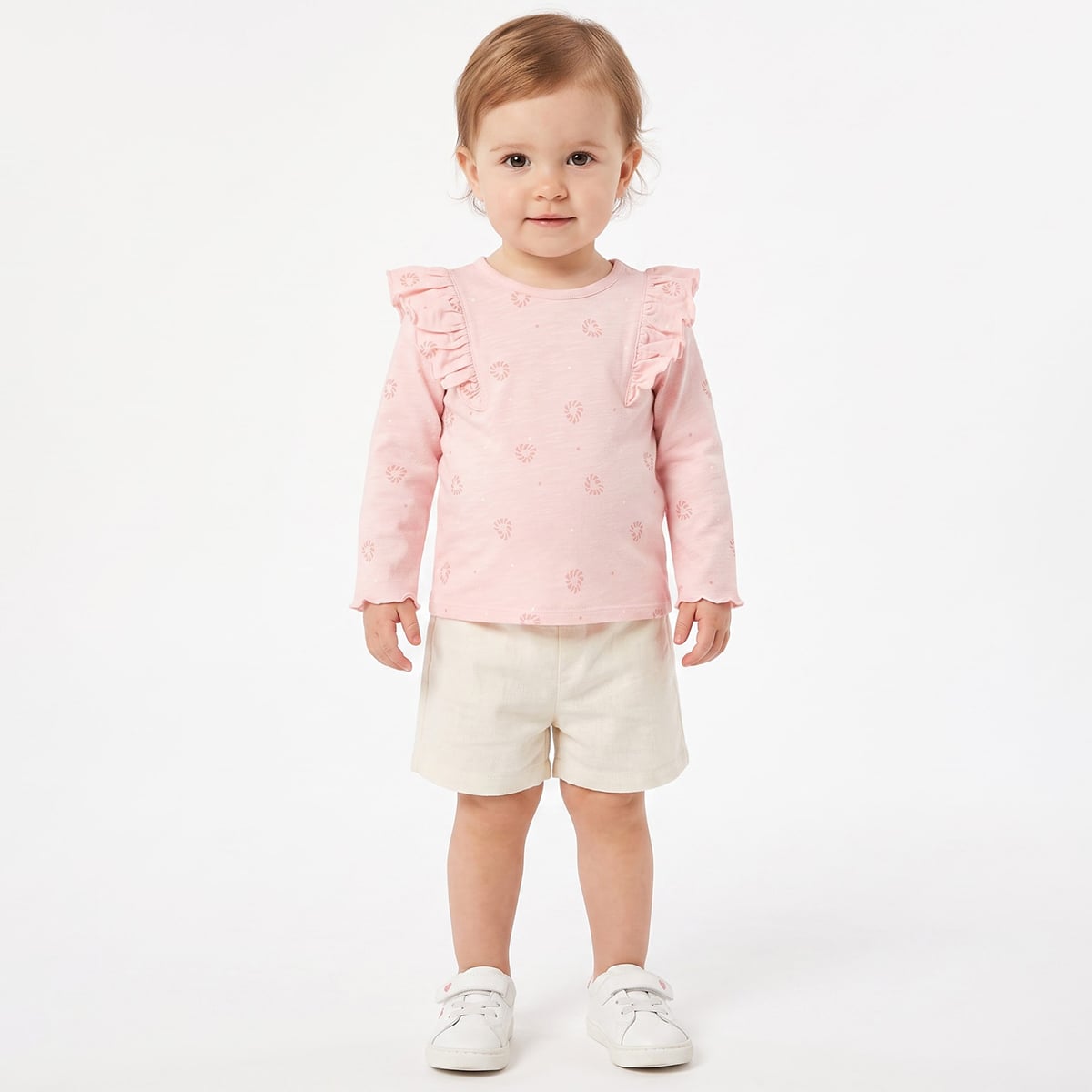 Baby Girls Pink Cotton Abstract Printed Ruffle Top  Regular Fit Casual Wear