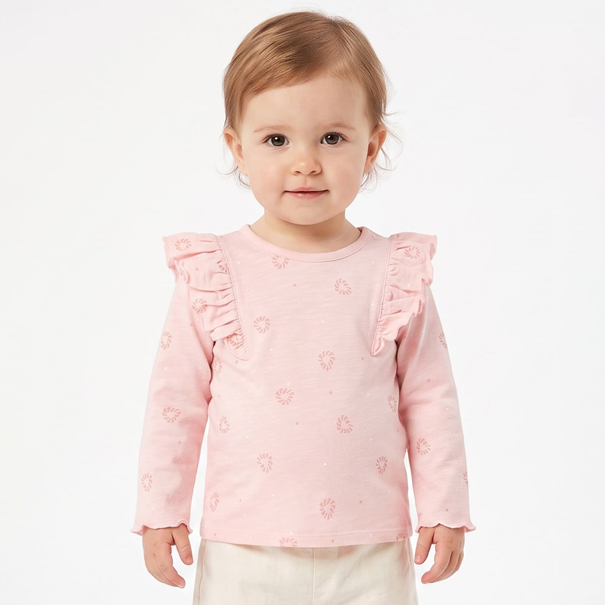 Baby Girls Pink Cotton Abstract Printed Ruffle Top  Regular Fit Casual Wear