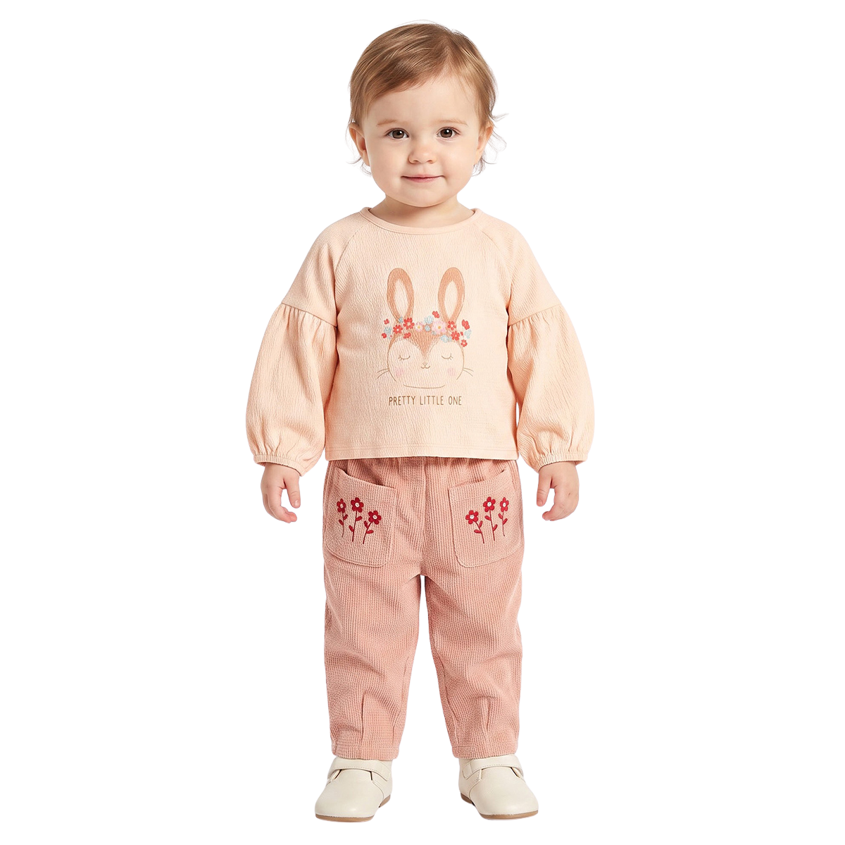 Baby Girls Peach Cotton Bunny Printed Knit Top Regular Fit Casual Wear