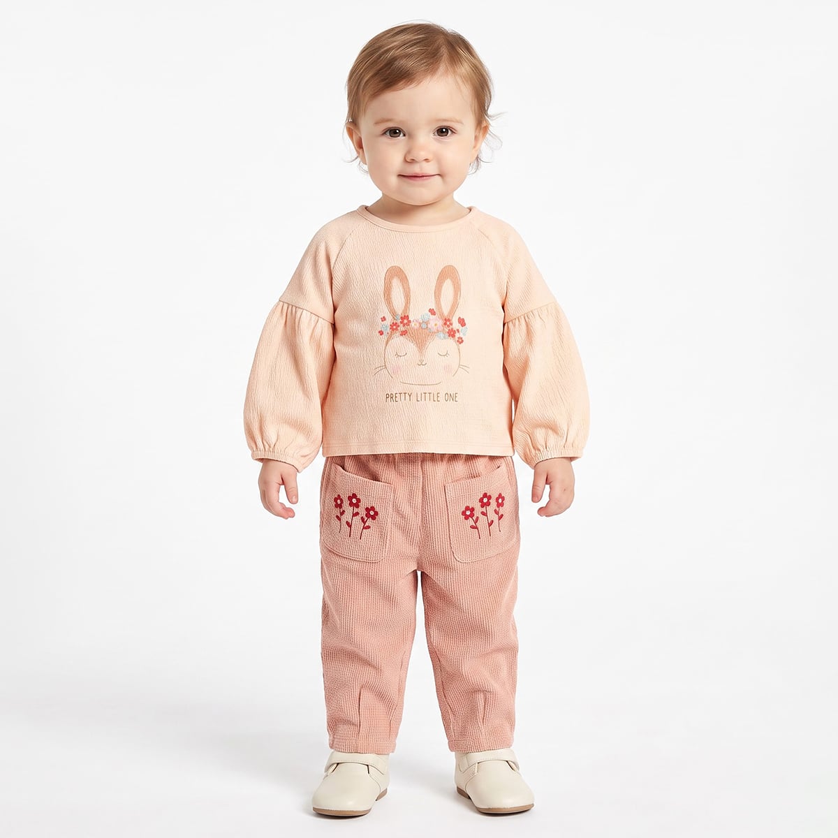 Baby Girls Peach Cotton Bunny Printed Knit Top Regular Fit Casual Wear