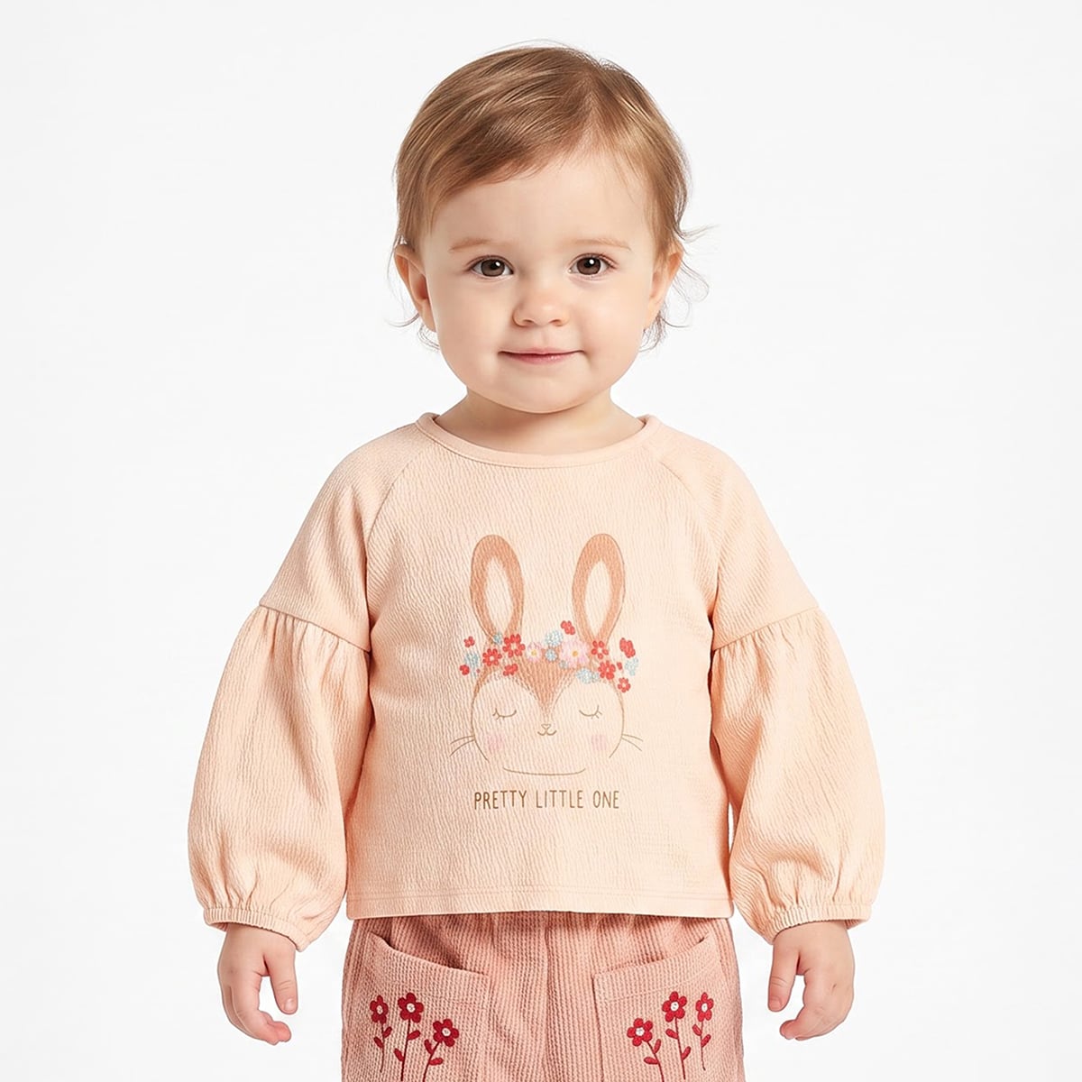 Baby Girls Peach Cotton Bunny Printed Knit Top Regular Fit Casual Wear
