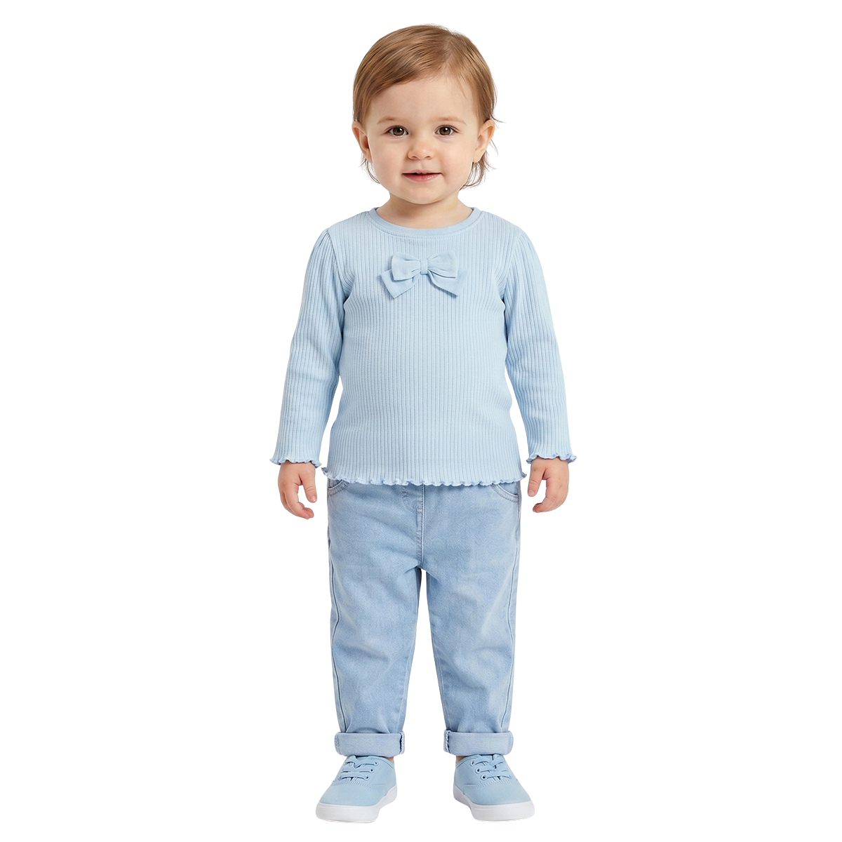 Baby Girls Sky Blue Ribbed Cotton T Shirt Regular Fit Casual Top