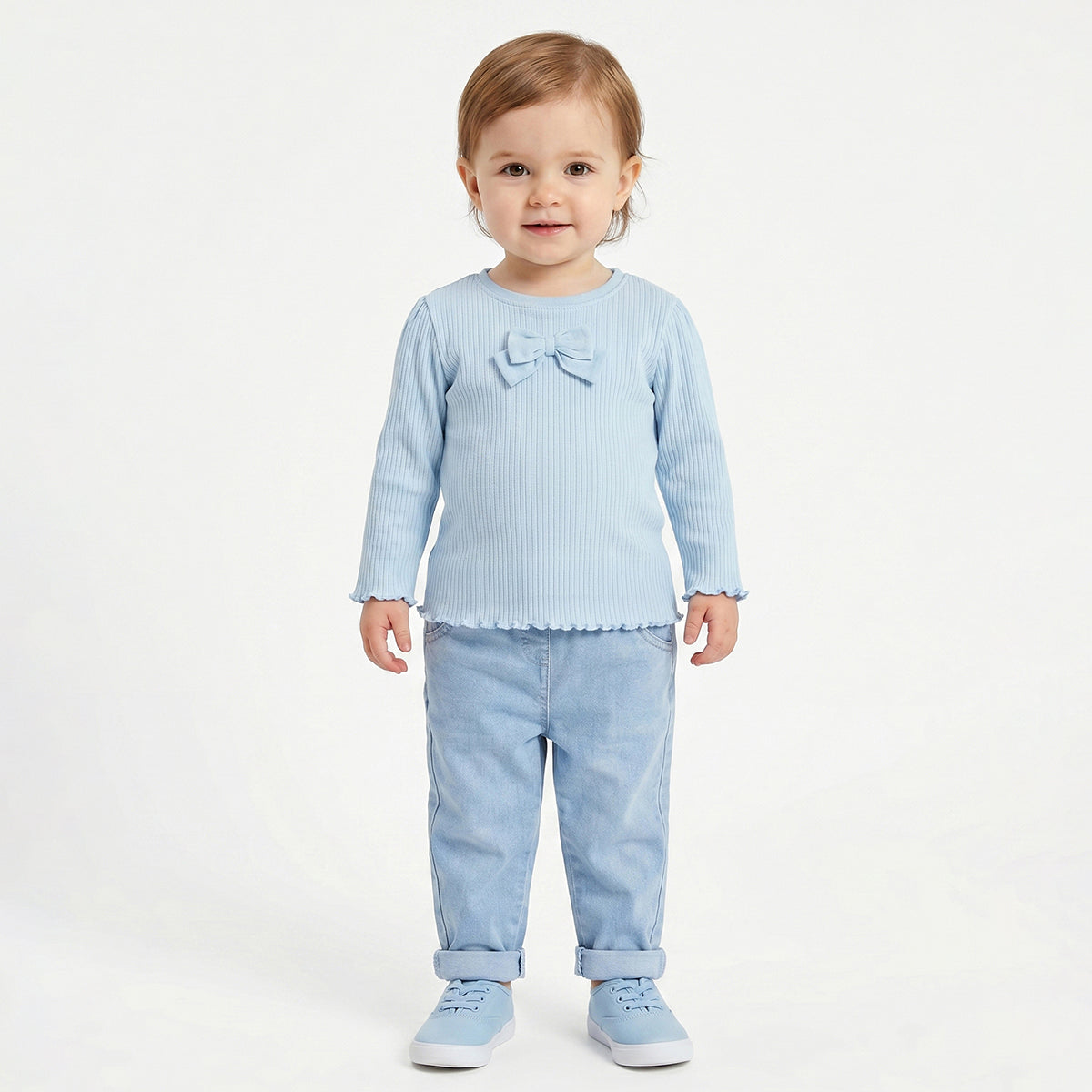 Baby Girls Sky Blue Ribbed Cotton T-Shirt Regular Fit Casual Top