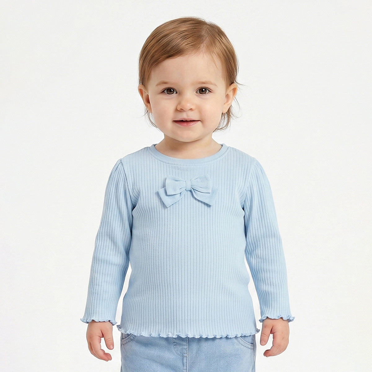 Baby Girls Sky Blue Ribbed Cotton T-Shirt Regular Fit Casual Top