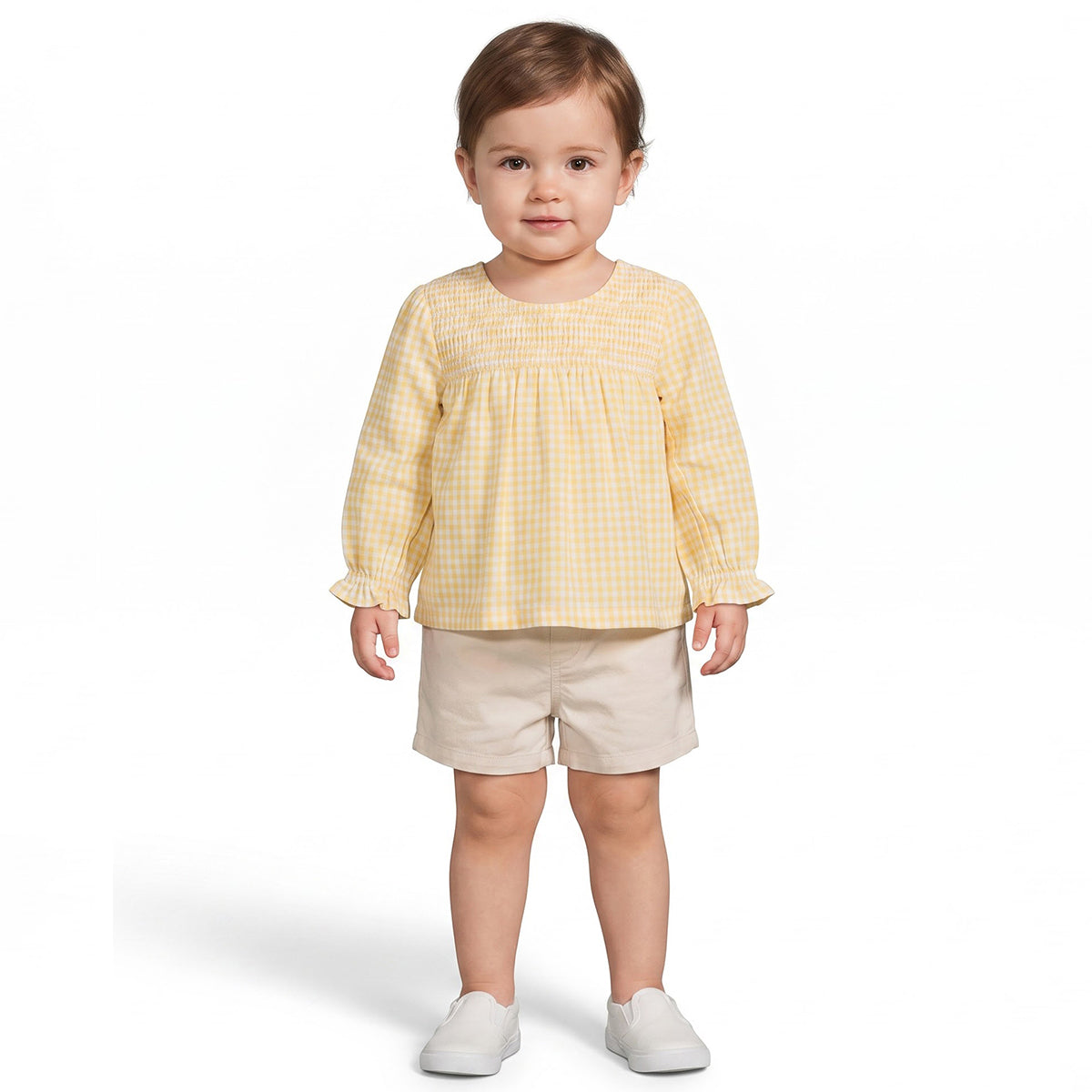 Baby Girls Yellow Cotton Checked Woven Top Regular Fit Casual Wear