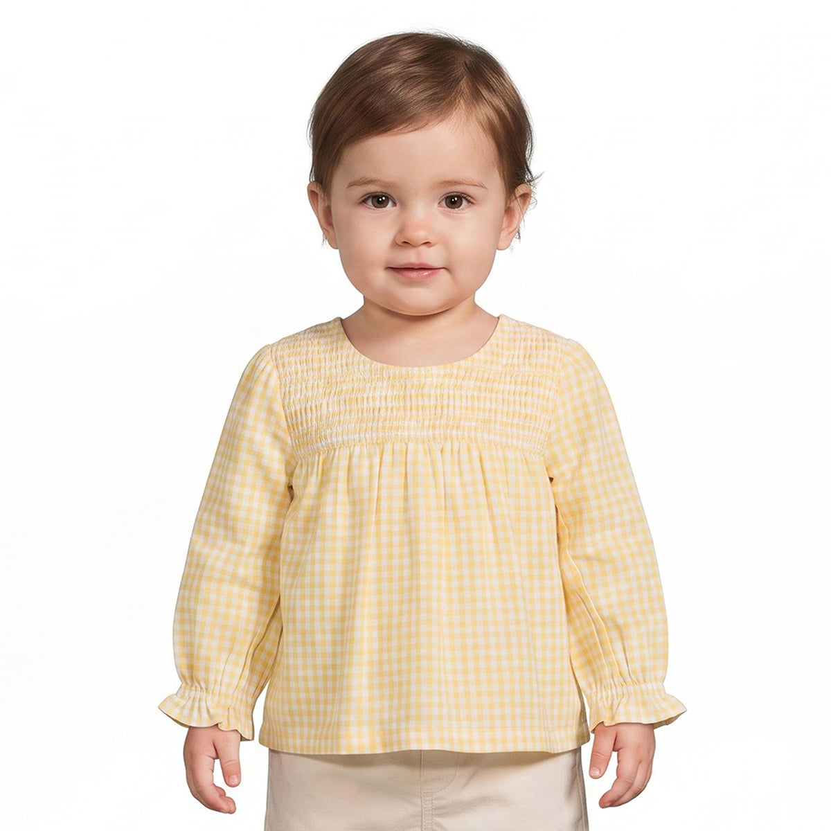 Baby Girls Yellow Cotton Checked Woven Top Regular Fit Casual Wear