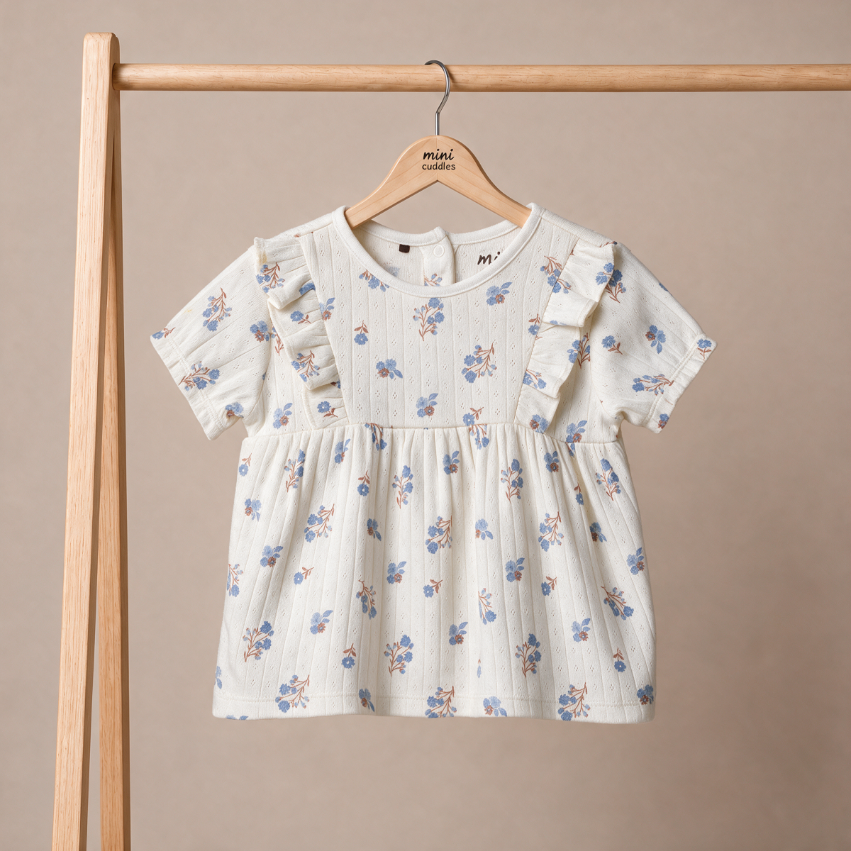 Baby Girls White Cotton Floral Printed Ruffle Knit Top Regular Fit Casual Wear