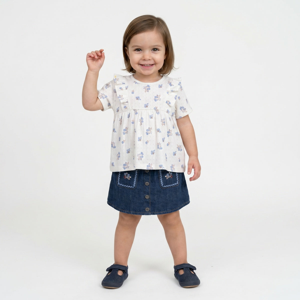 Baby Girls White Cotton Floral Printed Ruffle Knit Top Regular Fit Casual Wear