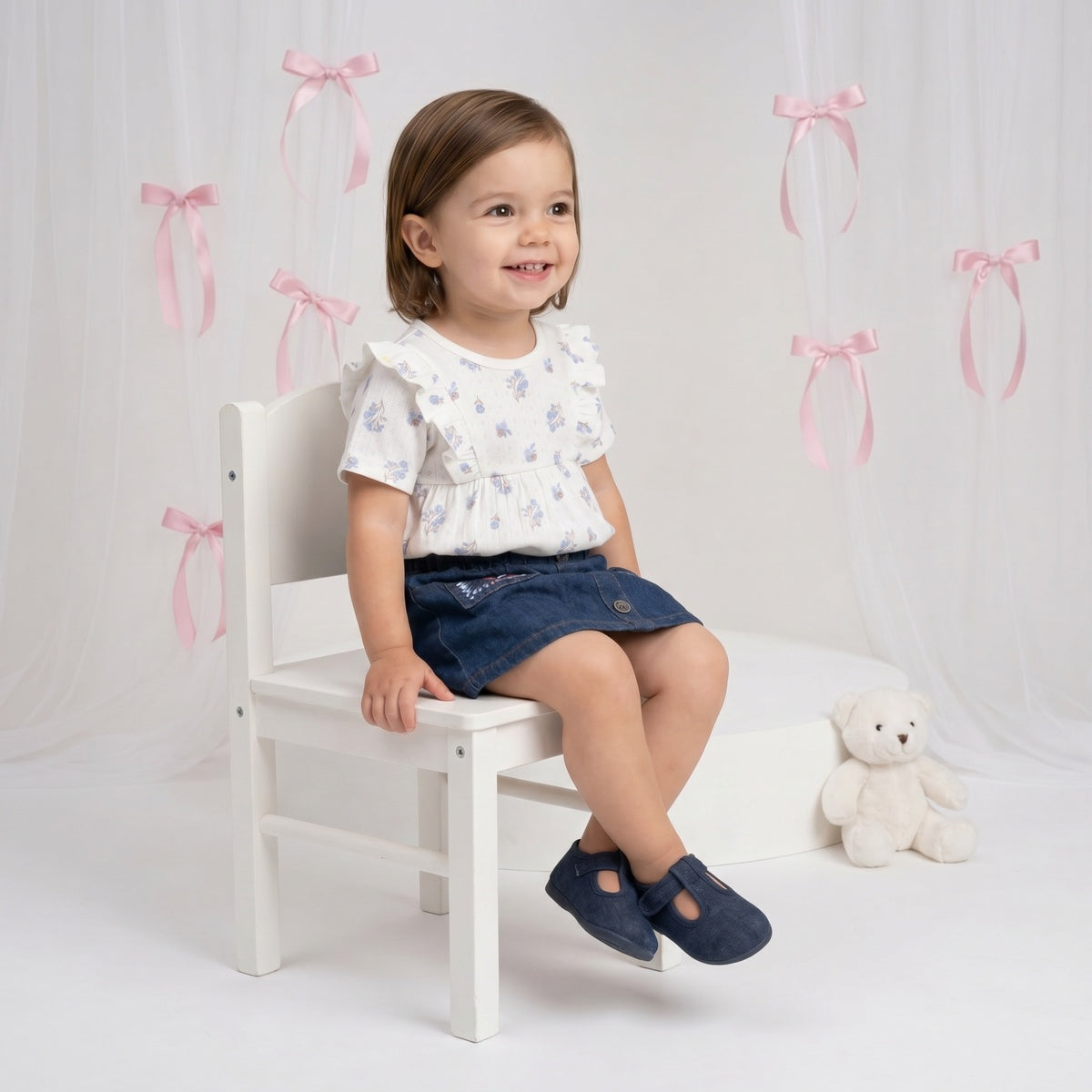 Baby Girls White Cotton Floral Printed Ruffle Knit Top Regular Fit Casual Wear