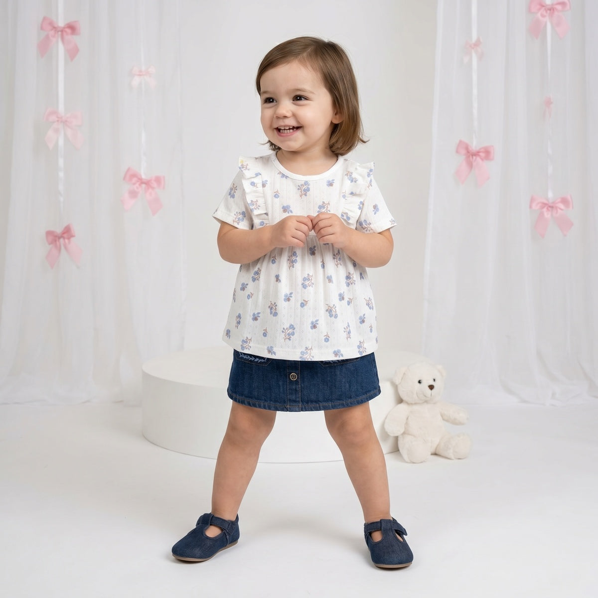 Baby Girls White Cotton Floral Printed Ruffle Knit Top Regular Fit Casual Wear