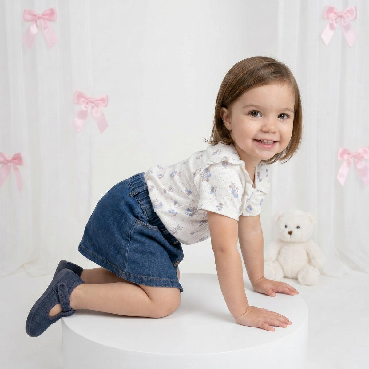 Baby Girls White Cotton Floral Printed Ruffle Knit Top Regular Fit Casual Wear
