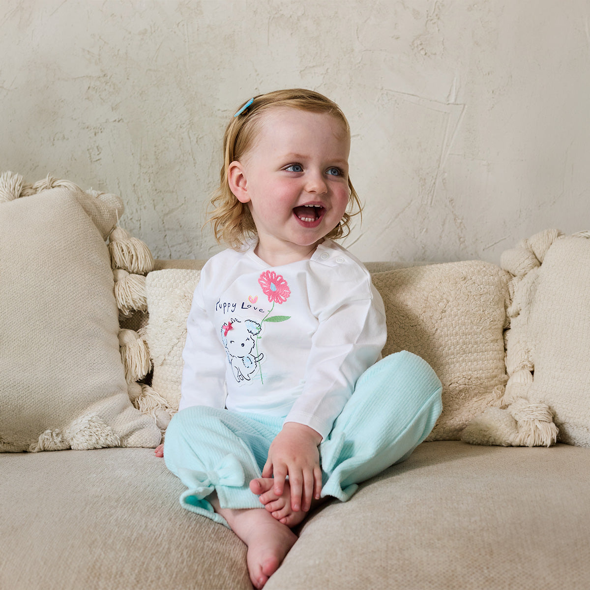 Baby Girls Light Blue Cotton Blend Bow Detail Flared Knit Bottom Regular Fit Casual Wear