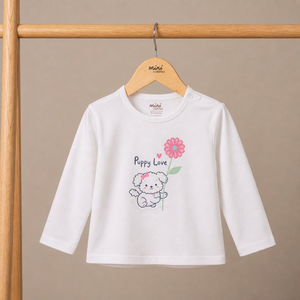 Baby Girls White Cotton Puppy And Floral Embroidered Knit Top Regular Fit Casual Wear
