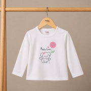 Baby Girls White Cotton Puppy And Floral Embroidered Knit Top Regular Fit Casual Wear