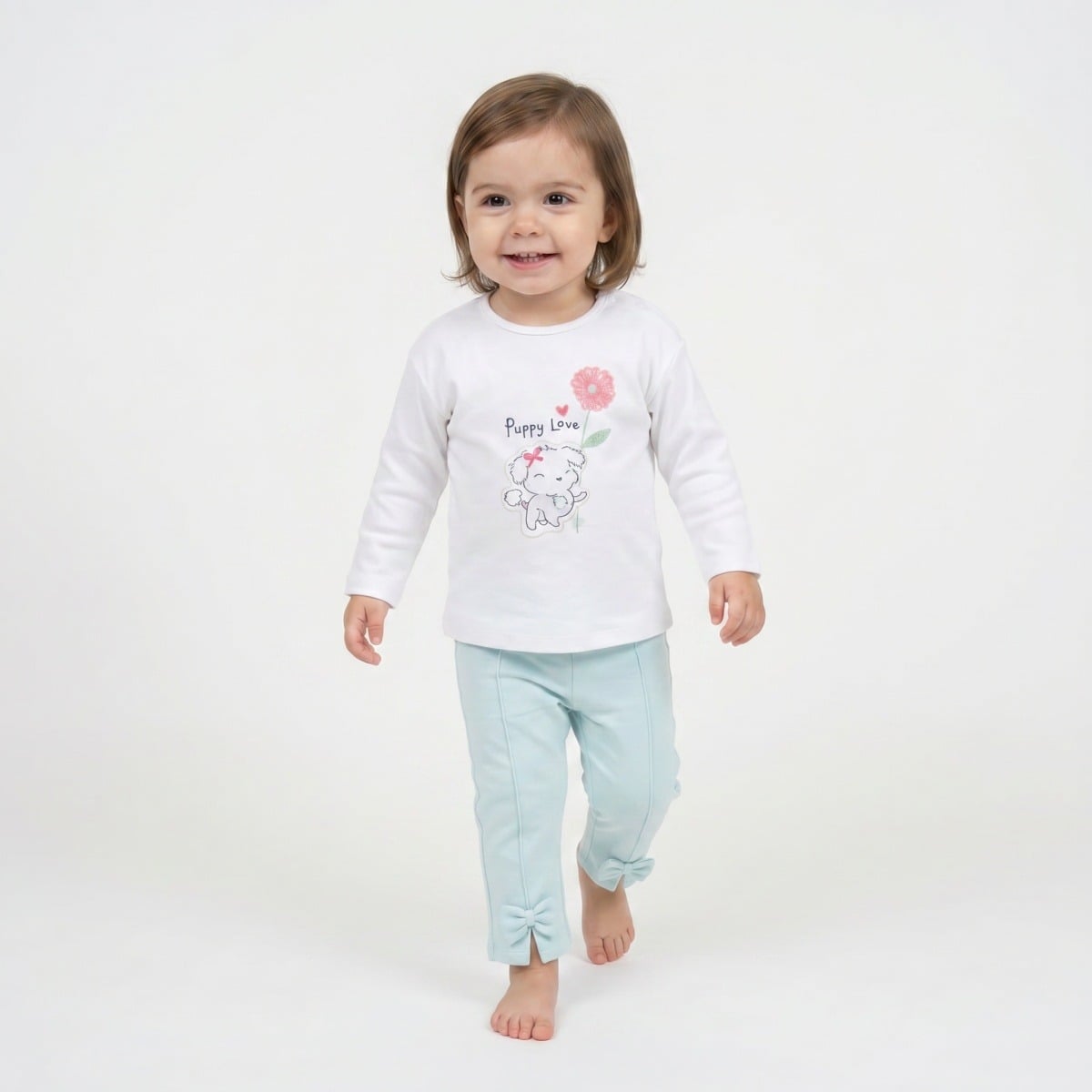 Baby Girls White Cotton Puppy And Floral Embroidered Knit Top Regular Fit Casual Wear
