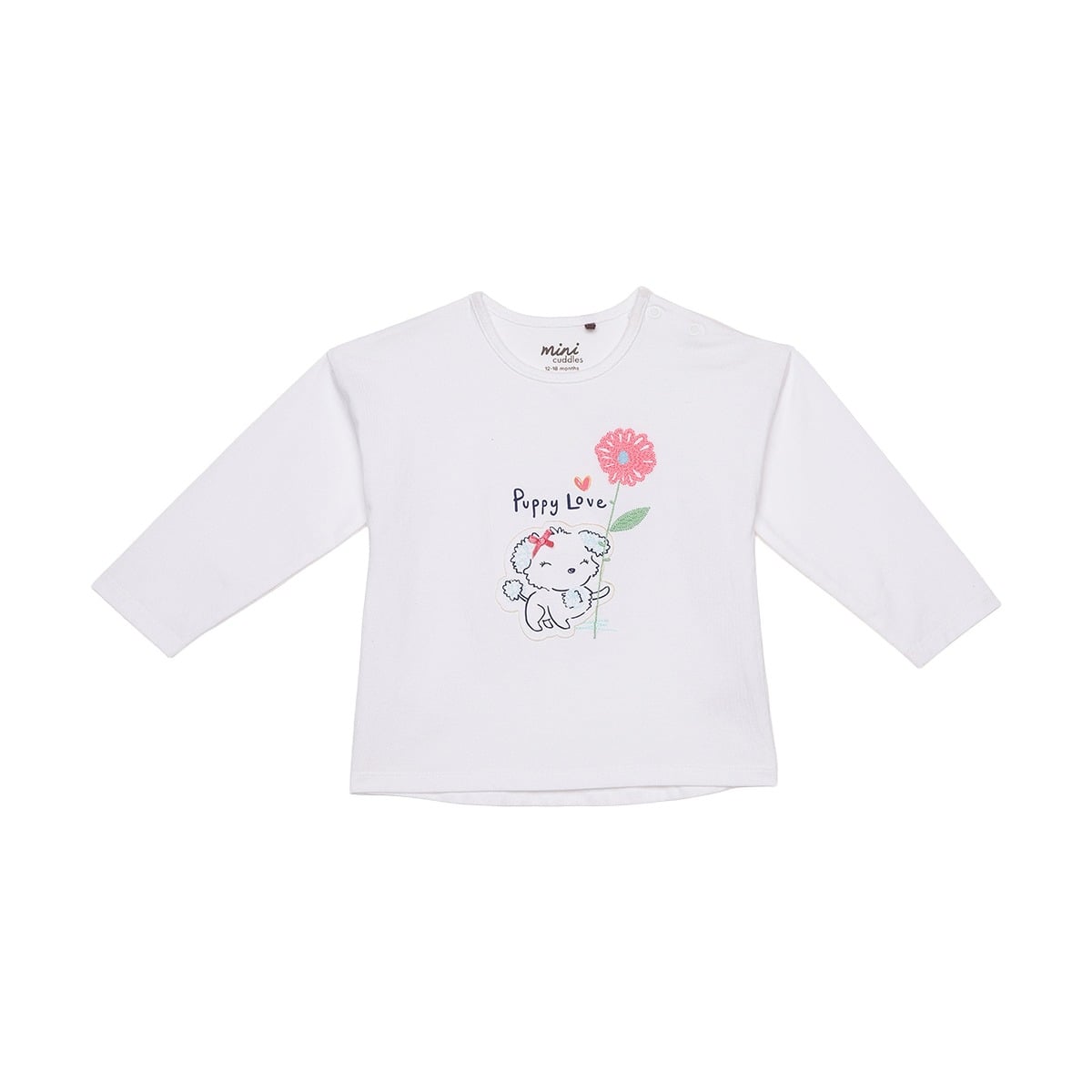 Baby Girls White Cotton Puppy And Floral Embroidered Knit Top Regular Fit Casual Wear