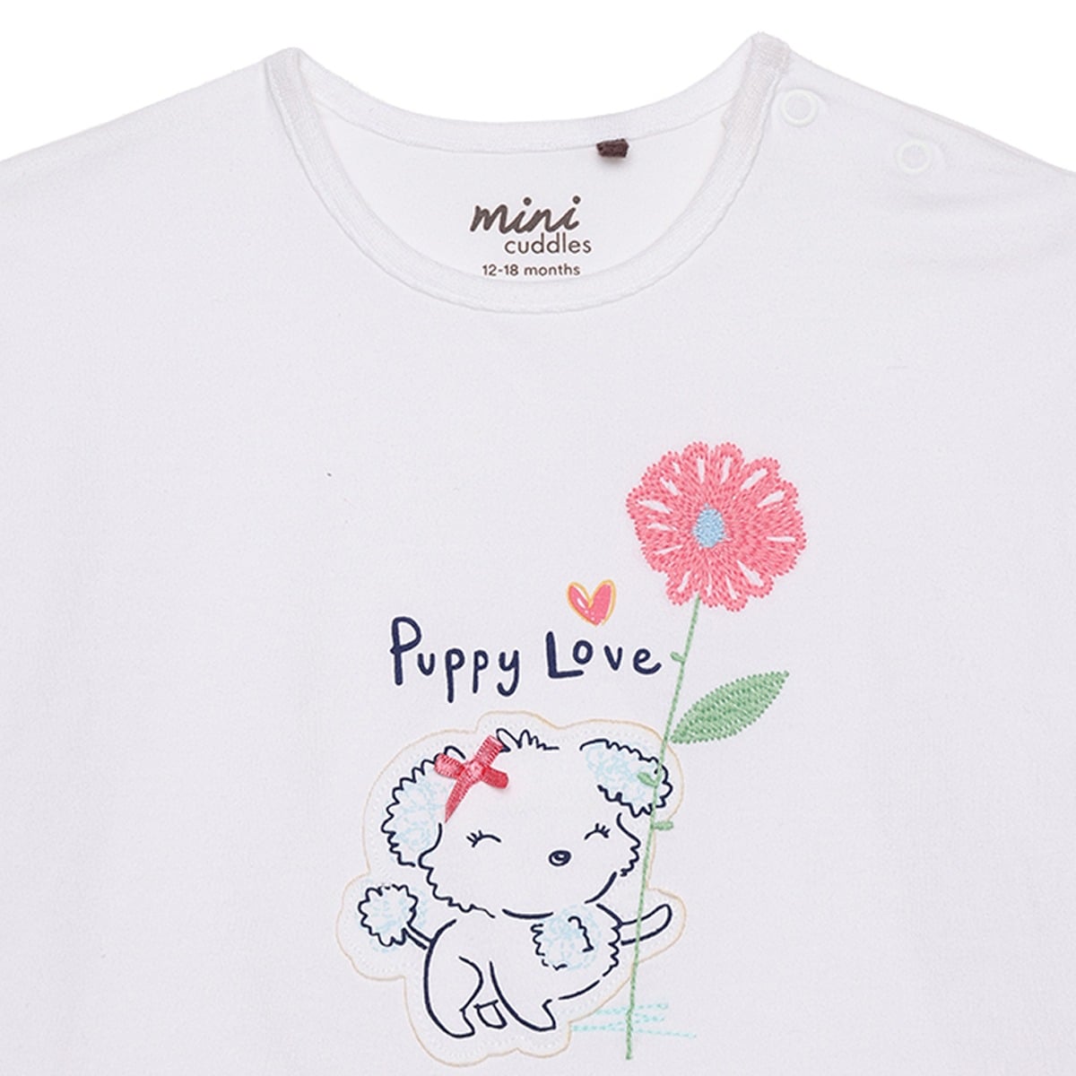 Baby Girls White Cotton Puppy And Floral Embroidered Knit Top Regular Fit Casual Wear