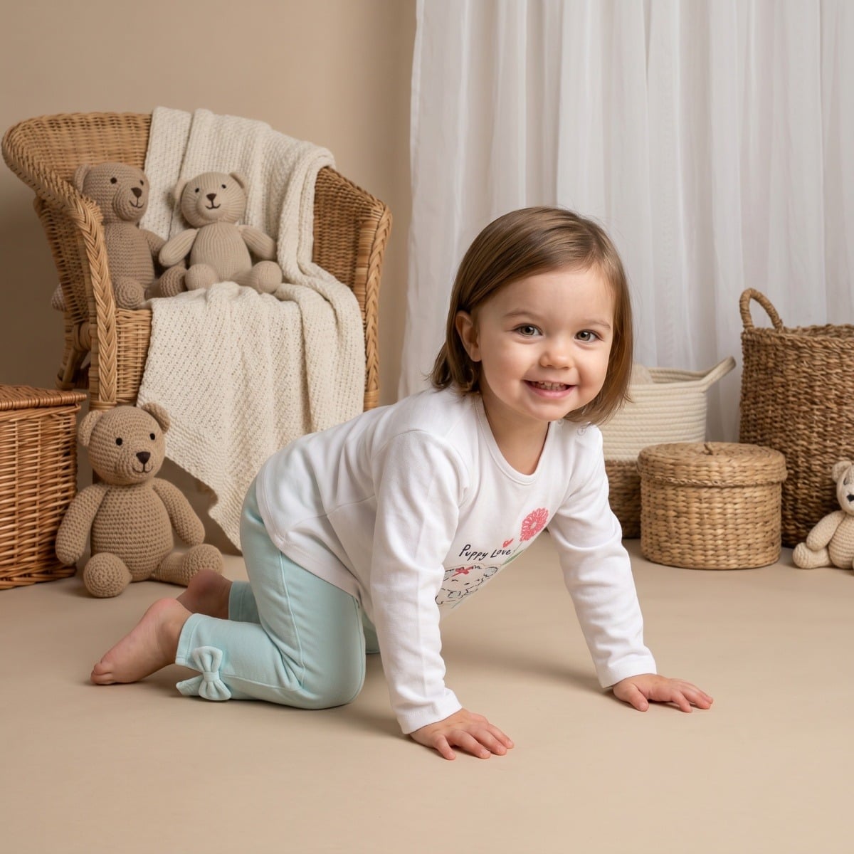 Baby Girls White Cotton Puppy And Floral Embroidered Knit Top Regular Fit Casual Wear