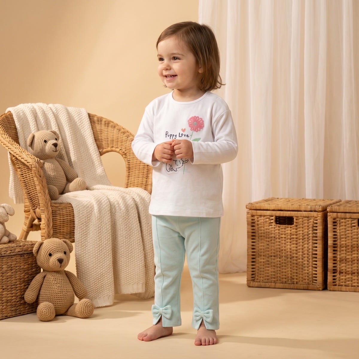 Baby Girls White Cotton Puppy And Floral Embroidered Knit Top Regular Fit Casual Wear