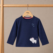 Baby Girls Navy Blue Cotton Puppy Applique Knit Top Regular Fit Casual Wear