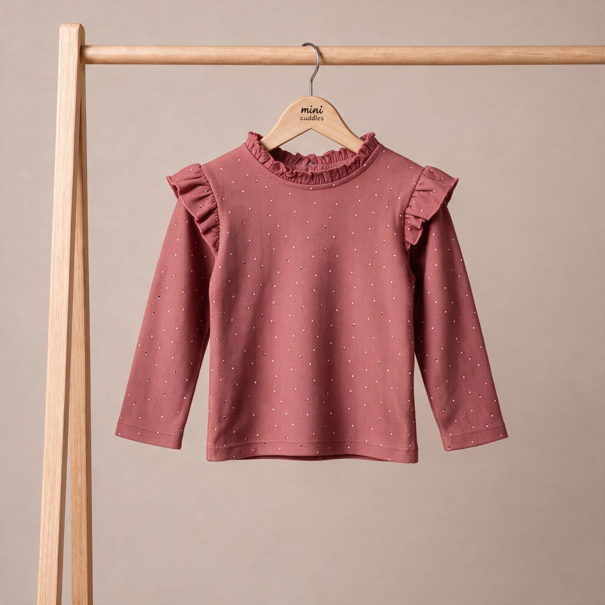 Baby Girls Dusty Pink Cotton Dotted Printed Ruffle Top Regular Fit Casual Wear