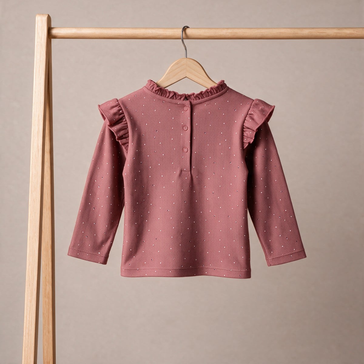 Baby Girls Dusty Pink Cotton Dotted Printed Ruffle Top Regular Fit Casual Wear
