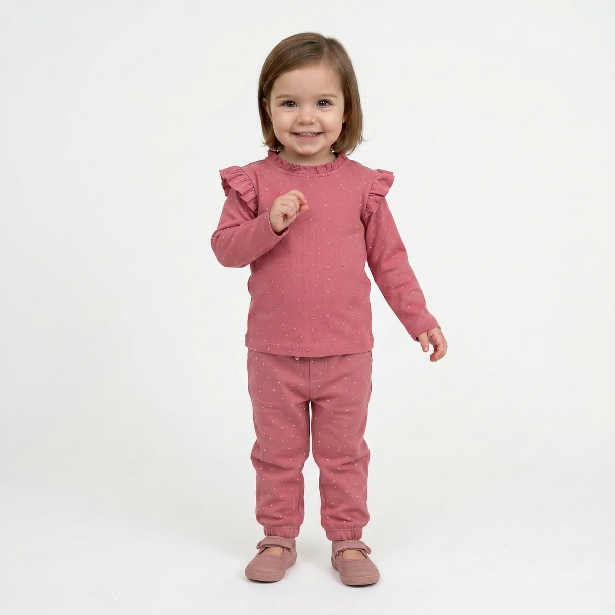 Baby Girls Dusty Pink Cotton Dotted Printed Ruffle Top Regular Fit Casual Wear