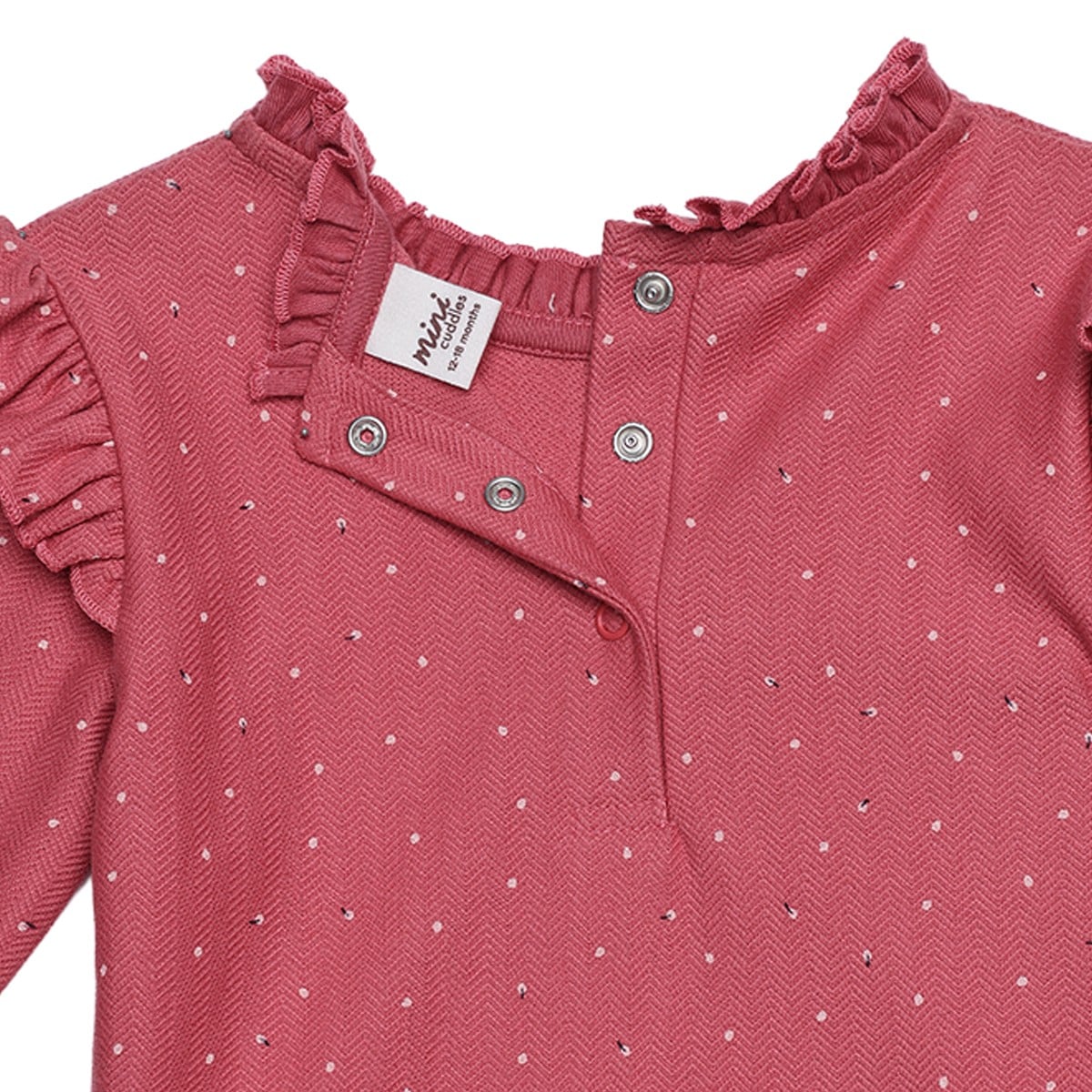 Baby Girls Dusty Pink Cotton Dotted Printed Ruffle Top Regular Fit Casual Wear