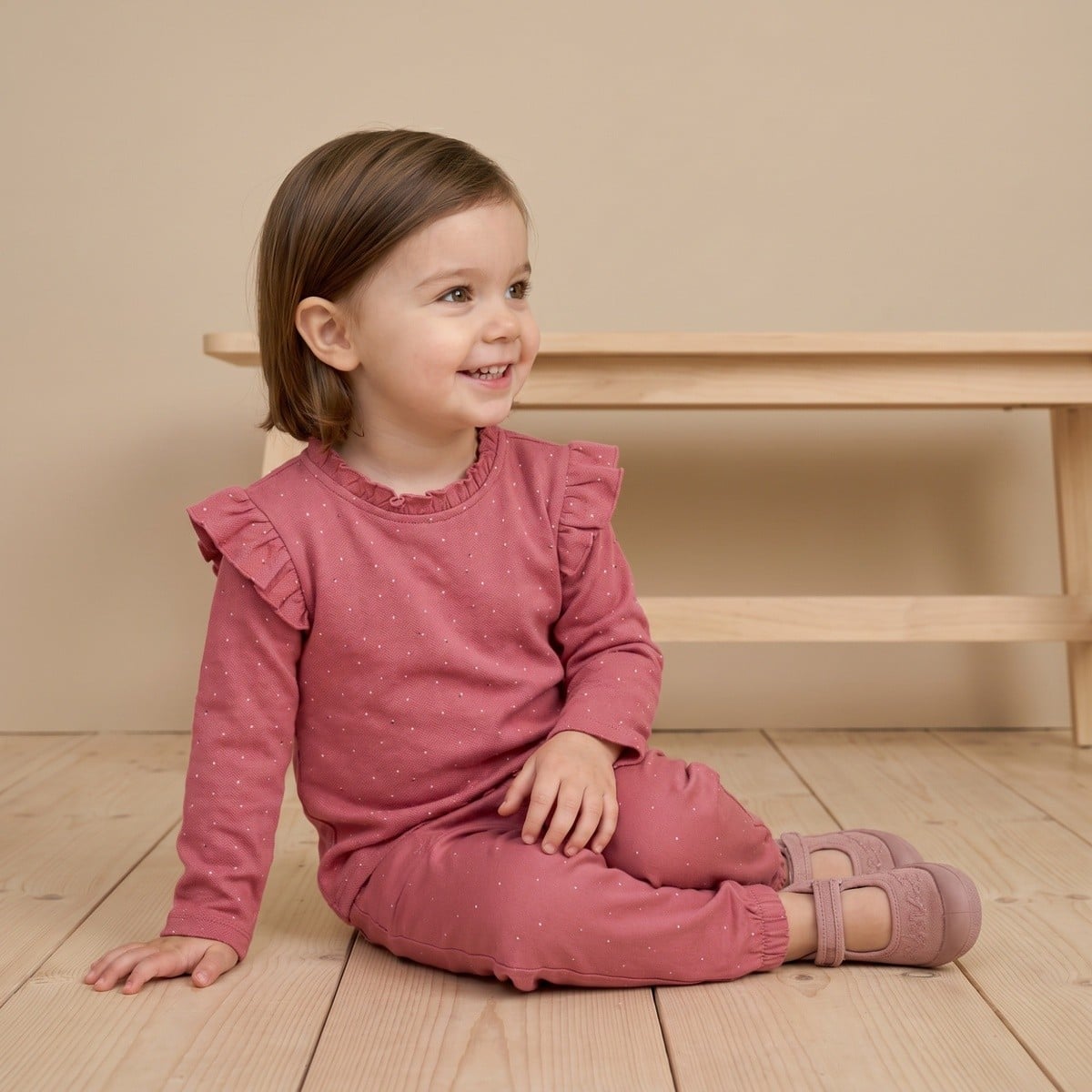 Baby Girls Dusty Pink Cotton Dotted Printed Ruffle Top Regular Fit Casual Wear