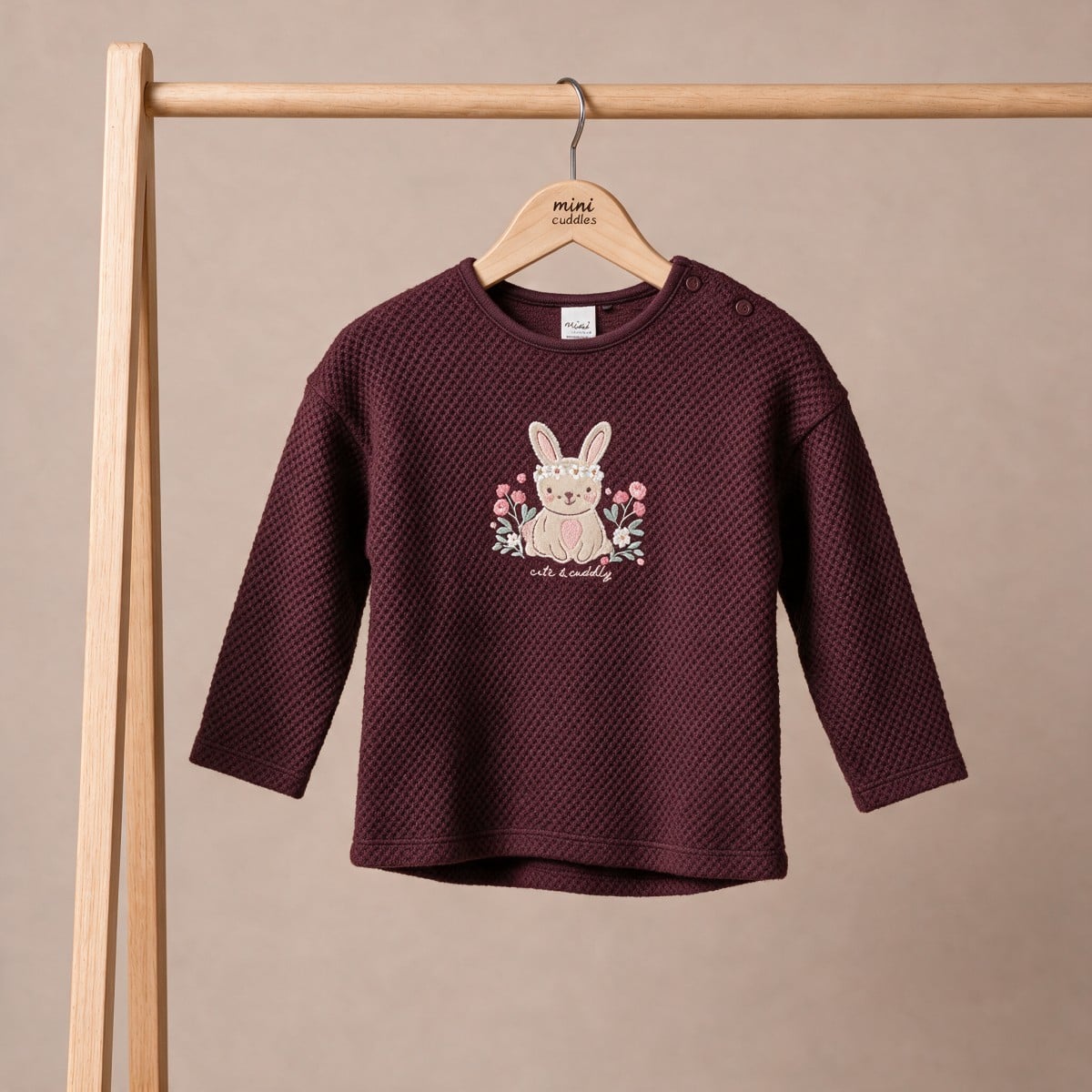 Baby Girls Burgundy Cotton Blend Bunny Embroidered Textured Sweatshirt Regular Fit Casual Wear