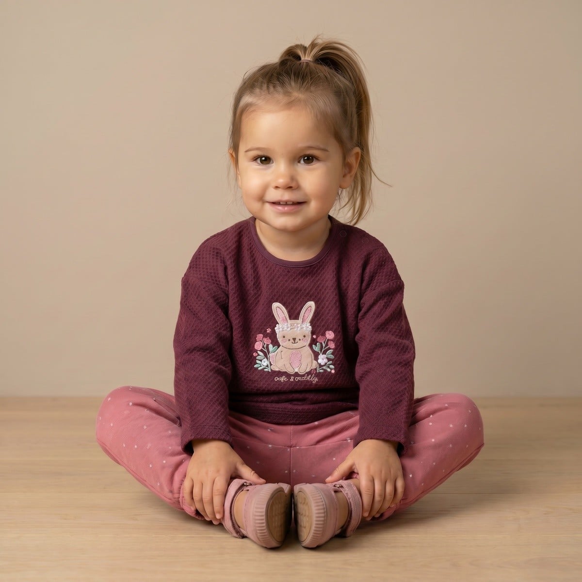 Baby Girls Burgundy Cotton Blend Bunny Embroidered Textured Sweatshirt Regular Fit Casual Wear
