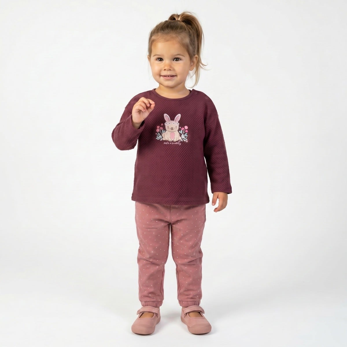 Baby Girls Burgundy Cotton Blend Bunny Embroidered Textured Sweatshirt Regular Fit Casual Wear