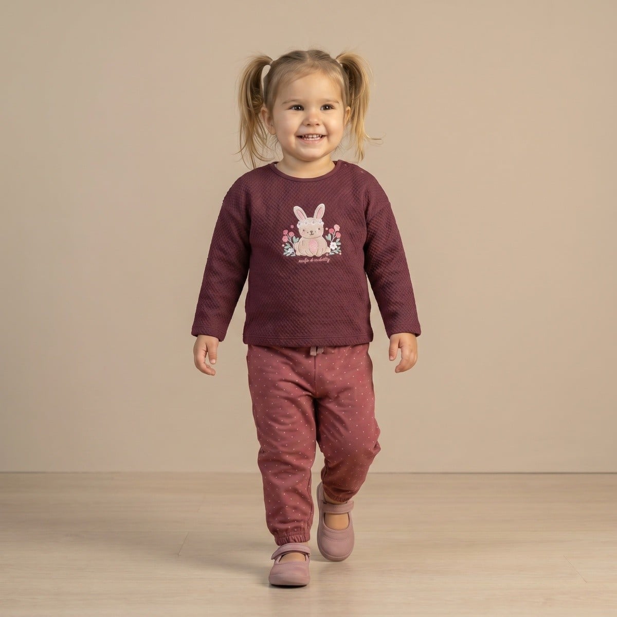Baby Girls Burgundy Cotton Blend Bunny Embroidered Textured Sweatshirt Regular Fit Casual Wear